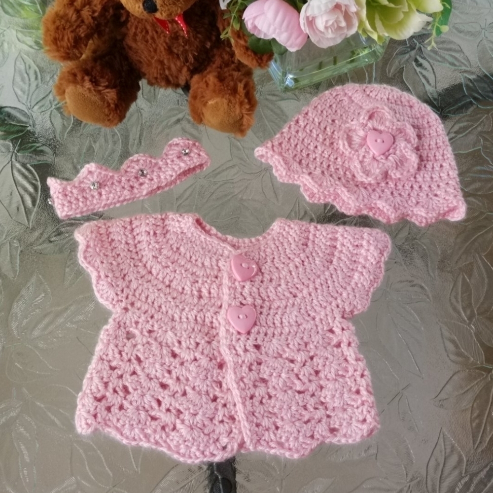 Adorable Handmade baby girl set of 3. Cardigan hat crown pink baby shower gift